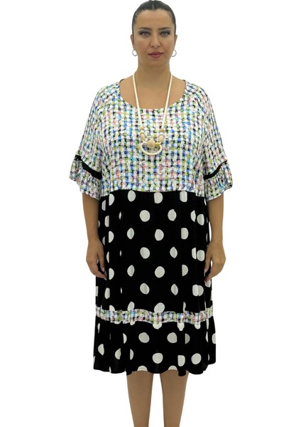 Büyük Beden Desenli Puantiyeli Boyun Aksesuarlı Viskon Oversize Kısa Kol Kadın Elbise fiyatları