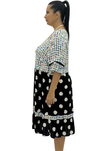 Büyük Beden Desenli Puantiyeli Boyun Aksesuarlı Viskon Oversize Kısa Kol Kadın Elbise modelleri