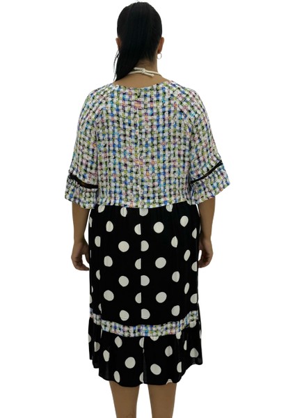 Büyük Beden Desenli Puantiyeli Boyun Aksesuarlı Viskon Oversize Kısa Kol Kadın Elbise fırsatları