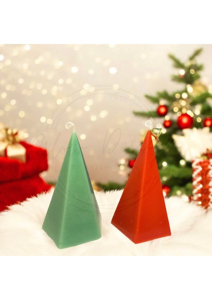 Yeşil Kırmızı Noel Temalı Mum Seti, Yılbaşı Dekoru, Çam Ağacı Figürlü 2'li