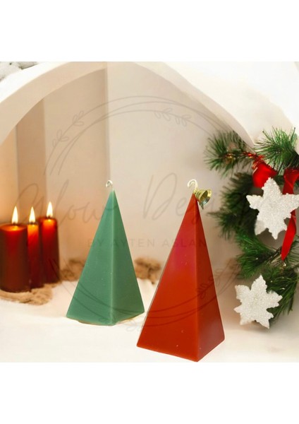 Yeşil Kırmızı Noel Temalı Mum Seti, Yılbaşı Dekoru, Çam Ağacı Figürlü 2'li modelleri