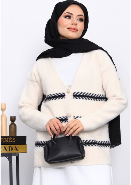 Krem V Yaka Angora Yumoş Hırka