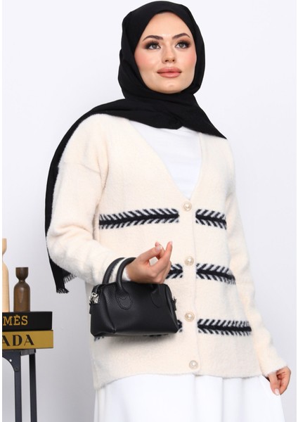 Krem V Yaka Angora Yumoş Hırka modelleri