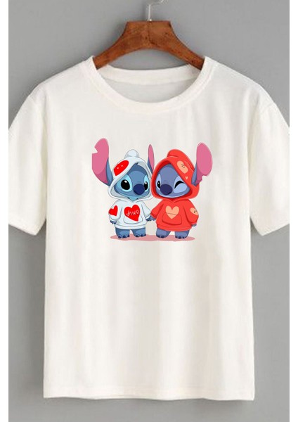 Baskılı Lilo Kadın Unisex Bisiklet Yaka Baskılı T-Shirt Siyah Tshirt Tişört