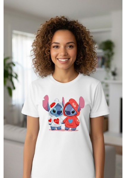 Baskılı Lilo Kadın Unisex Bisiklet Yaka Baskılı T-Shirt Siyah Tshirt Tişört fiyatları