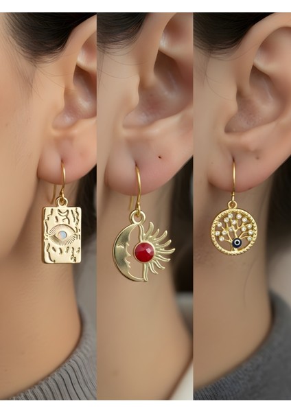 Göz Ay Güneş Ağaç 3’lü Sembol Kadın Küpe Set