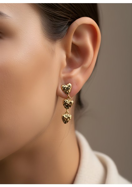 Altın Renk Üçlü Kalp Form Parlak Sallantılı Kadın Küpe