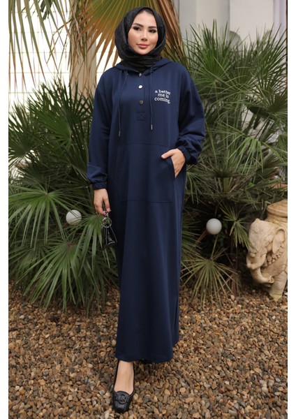 Lacivert Baskılı Kapüşonlu İki İplik Elbise