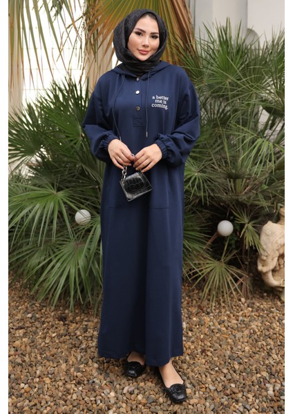 Lacivert Baskılı Kapüşonlu İki İplik Elbise fiyatları