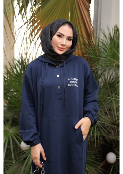 Lacivert Baskılı Kapüşonlu İki İplik Elbise modelleri