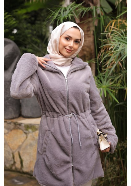 Füme Beli İpli Flato Cepli Fermuarlı Peluş Mont