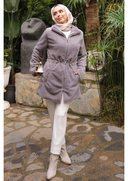 Füme Beli İpli Flato Cepli Fermuarlı Peluş Mont modelleri