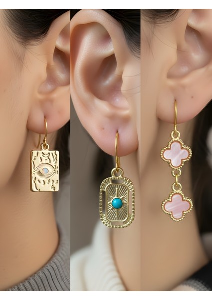 Göz Turkuaz Oval Pembe Yonca 3’lü Sembol Kadın Küpe Set