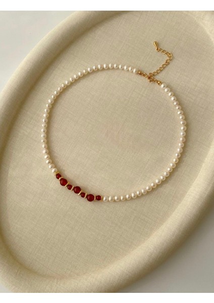 Sertifikalı Gerçek Inci ve Akik Doğal Taş Tasarım Kolye 45 cm