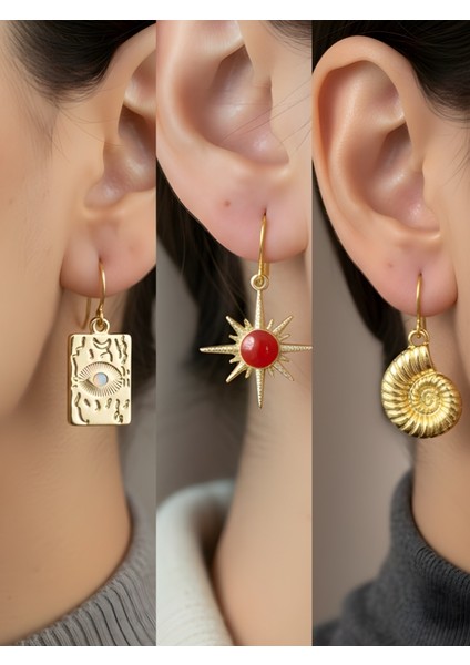 Göz Kırmızı Güneş Spiral 3’lü Sembol Kadın Küpe Set
