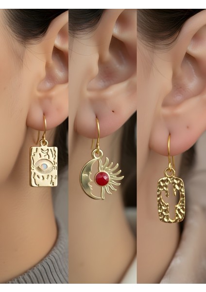 Göz Ay Güneş Kaktüs 3’lü Sembol Kadın Küpe Set
