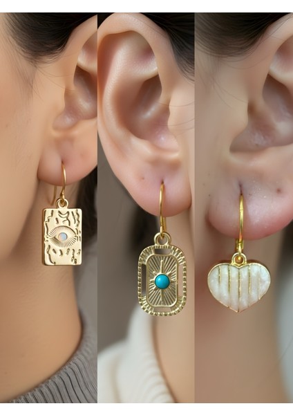 Göz Turkuaz Oval Inci Kalp 3’lü Sembol Kadın Küpe Set