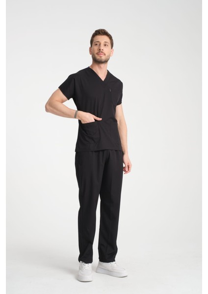 Üniforma V Yaka Siyah Likralı Ütü Istemeyen Unisex Doktor Hemşire Takım Scrubs