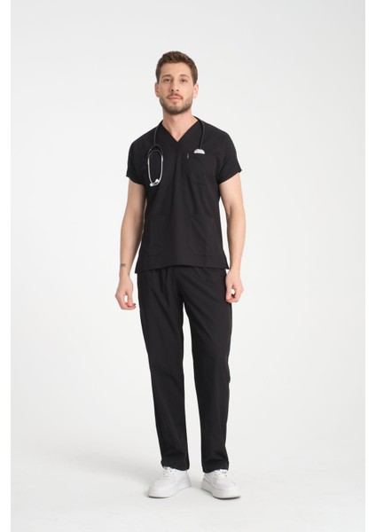 Üniforma V Yaka Siyah Likralı Ütü Istemeyen Unisex Doktor Hemşire Takım Scrubs fiyatları