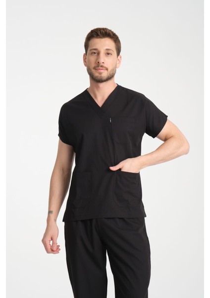 Üniforma V Yaka Siyah Likralı Ütü Istemeyen Unisex Doktor Hemşire Takım Scrubs modelleri