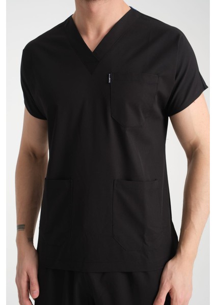 Üniforma V Yaka Siyah Likralı Ütü Istemeyen Unisex Doktor Hemşire Takım Scrubs indirimleri