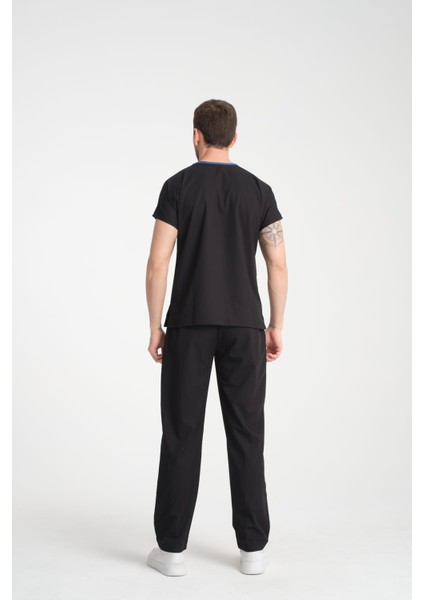 Üniforma V Yaka Siyah Likralı Ütü Istemeyen Unisex Doktor Hemşire Takım Scrubs