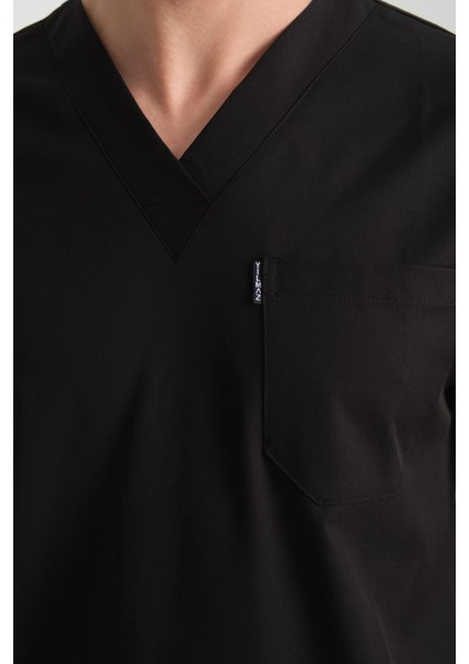 Üniforma V Yaka Siyah Likralı Ütü Istemeyen Unisex Doktor Hemşire Takım Scrubs