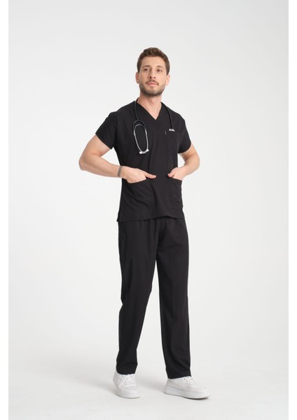 Üniforma V Yaka Siyah Likralı Ütü Istemeyen Unisex Doktor Hemşire Takım Scrubs