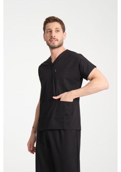Üniforma V Yaka Siyah Likralı Ütü Istemeyen Unisex Doktor Hemşire Takım Scrubs