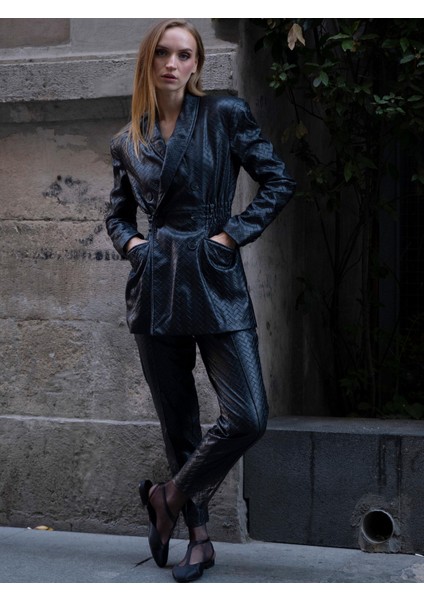 Yüksek Belli Nervür Dikişli Sigara Paça Vegan Örgü Deri Pantolon - Siyah