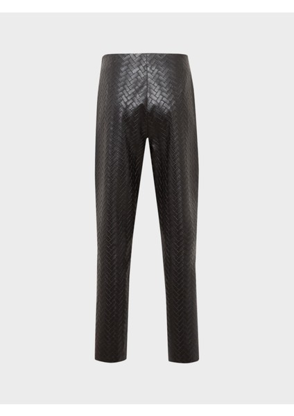 Yüksek Belli Nervür Dikişli Sigara Paça Vegan Örgü Deri Pantolon - Siyah modelleri