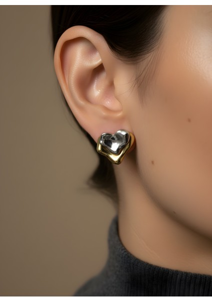 Gold Gümüş Kalp Şeklinde Kadın Küpe | Parlak Çift Renk Küpe