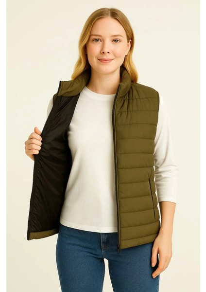 Mdb Şişme Fermuarlı Yelek U Itici Kapitone Astarlı Kumaş Cepli Hafif Kışlık Por Rahat Kalıp Haki