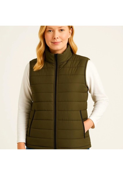 Mdb Şişme Fermuarlı Yelek U Itici Kapitone Astarlı Kumaş Cepli Hafif Kışlık Por Rahat Kalıp Haki fırsatları