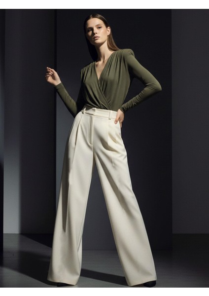 Dökümlü Kesim Pile Detaylı Koton Kumaş Palazzo Pantolon - Ekru