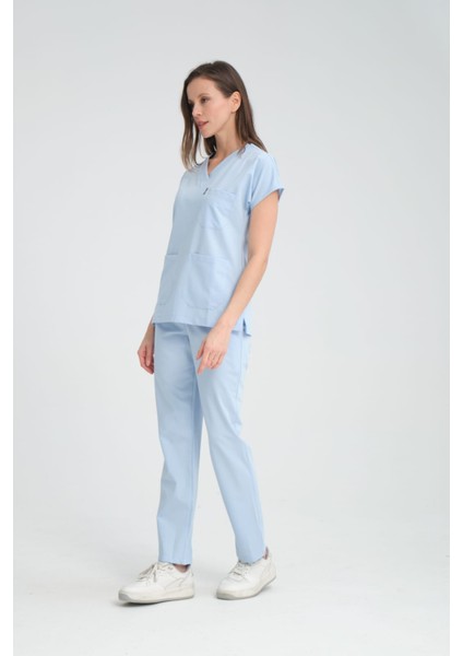 Üniforma V Yaka Buz Mavi Unisex Likralı Ütü Istemeyen Unisex Doktor Hemşire Scrubs Takım