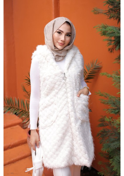 Ekru Kapüşonlu Astarkı Kürk Yelek indirimleri