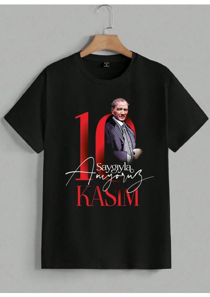 Baskılı Atatürk Kadın Erkek Unisex Bisiklet Yaka Baskılı T-Shirt Siyah Beyaz Gri Tshirt Tişört