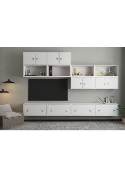 Modüler Kapaklı ve Raflı Tv Ünitesi Seti Duvar Dolabı + Alt Blok 262 cm BEYAZ-PNR-TVT-1014