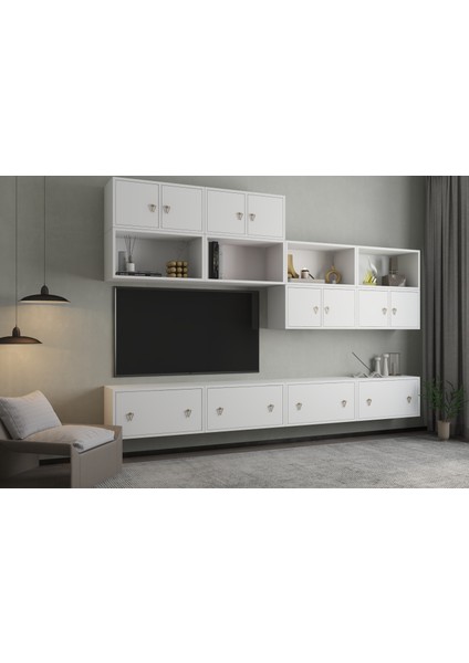 Modüler Kapaklı ve Raflı Tv Ünitesi Seti Duvar Dolabı + Alt Blok 262 cm BEYAZ-PNR-TVT-1014 fiyatları