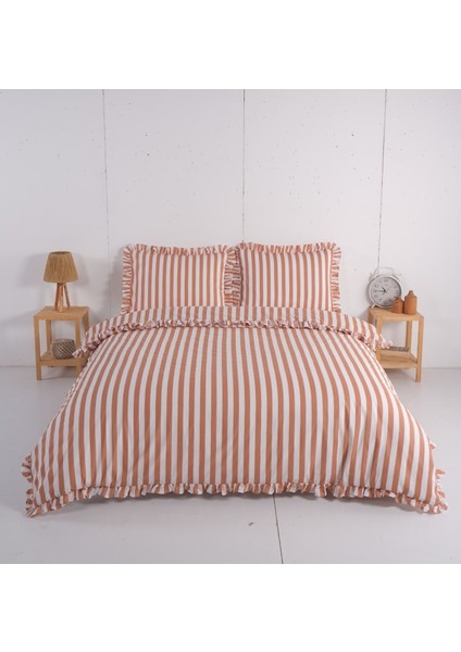 Karamel Çizgi Fırfırlı Çift Kişilik Nevresim Seti