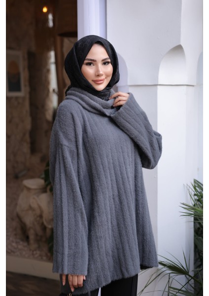 Füme Balıkçı Yaka Salaş Angora Yumoş Triko Kazak