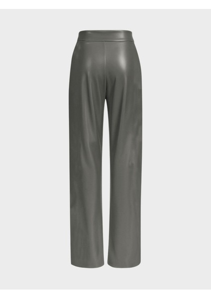 Yüksek Belli Bol Paçalı Maxi Boy Pileli Vegan Deri Pantolon - Haki modelleri