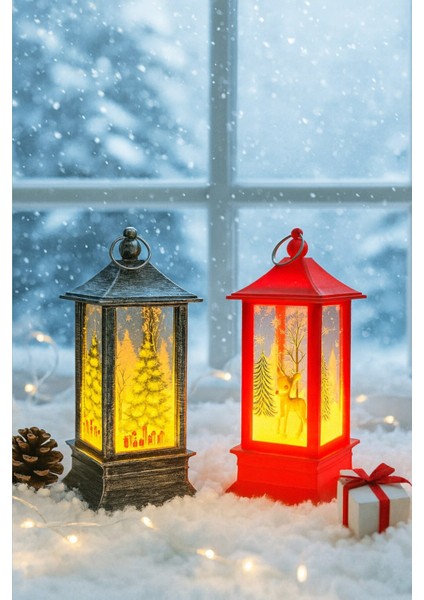 Işıklı Noel Feneri 2’li Set Çam Ağacı ve Bambi Temalı Dekoratif Yılbaşı Lambası