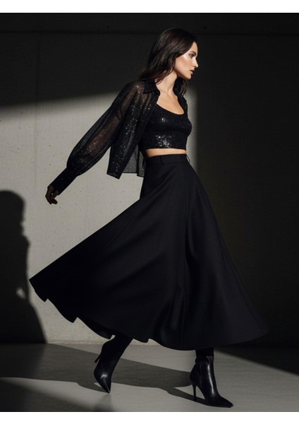 Yüksek Bel Maxi Boy Cepli Etek - Siyah