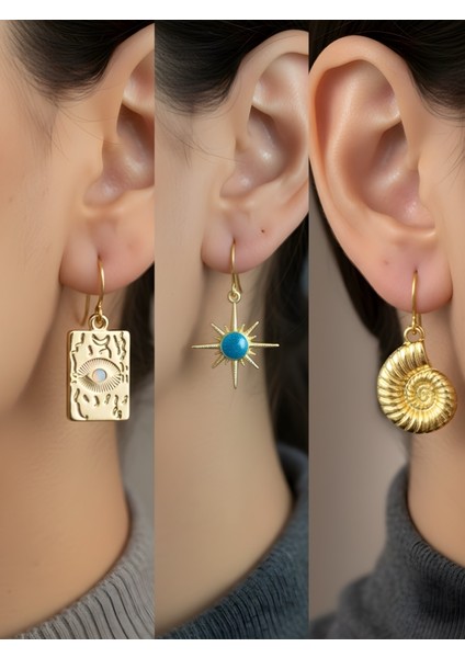 Göz Turkuaz Güneş Spiral 3’lü Sembol Kadın Küpe Set