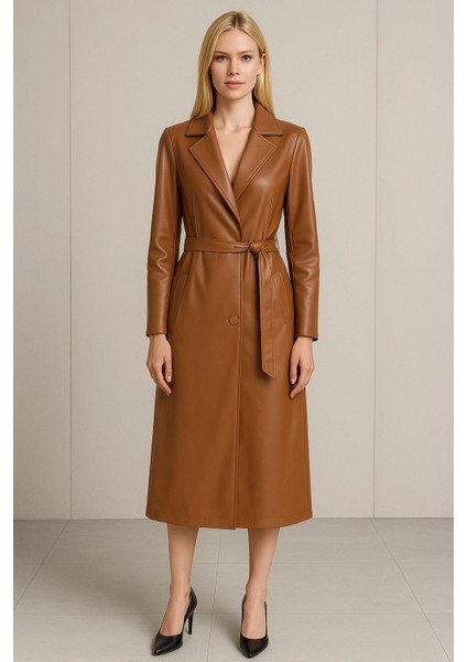 Deri Düğmeli ve Kuşaklı Trençkot