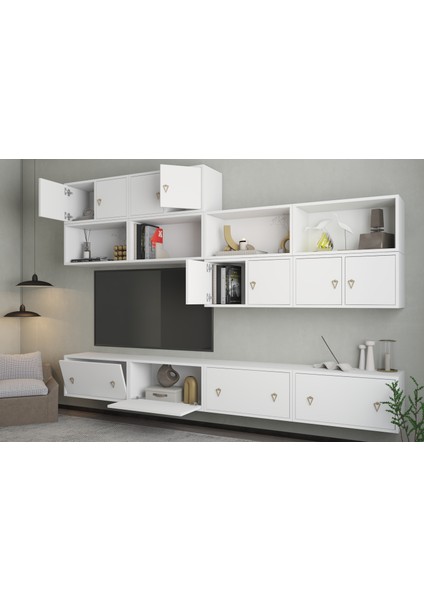 Modüler Kapaklı ve Raflı Tv Ünitesi Seti Duvar Dolabı + Alt Blok 262 cm BEYAZ-PNR-TVT-1014 modelleri