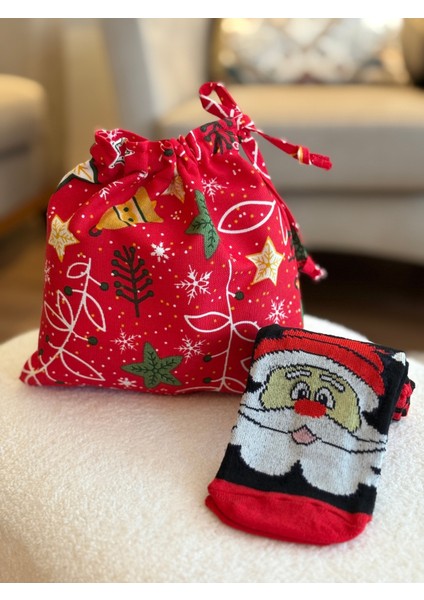 Çan Desenli Noel Temalı Keten Bez Kese ve Çizgili Unisex Yılbaşı Çorap Seti