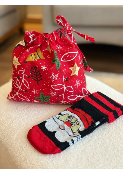 Çan Desenli Noel Temalı Keten Bez Kese ve Çizgili Unisex Yılbaşı Çorap Seti modelleri